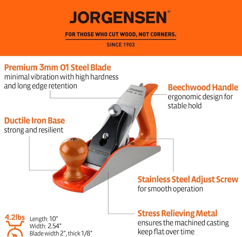 Jorgensen No.4 10" Wood Planer, Hand Planer for Woodworking, Professional Smoothing Plane for Trimming, Craft - Hand Plane with Ductile Iron Body, Adjustable Cutting Depth - Image 2